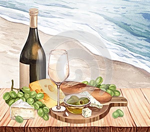 Watercolor white wine bottle, fresh ripe green grapes, cheese on the wood table landscape sea. Hand draw background with