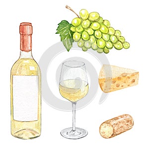 Watercolor white wine and cheese set isolated on white background. Hand drawn green grape fruit and glass wine bottle