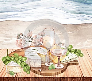 Watercolor white wine glass, fresh ripe green grapes, cheese on the wood table landscape sea. Hand draw background with