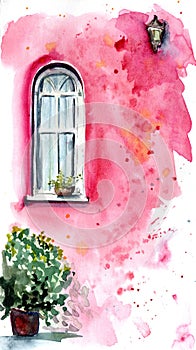 Watercolor white wooden window on a bright magenta wall