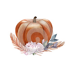 Watercolor whole fresh orange pumpkin and flowers. Hand-drawn illustration isolated on white background. Perfect for