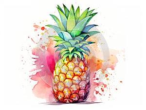 Watercolor Whole Pineapple Isolated, Aquarelle Ananas, Comosus, Creative Watercolor Tropical Fruit photo