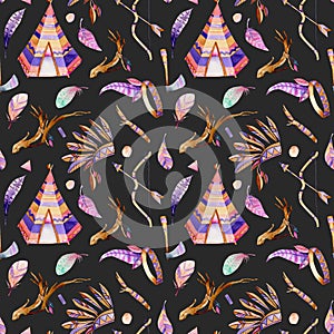 Watercolor wigwams and authentic native american elements seamless pattern