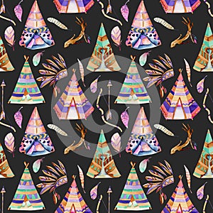 Watercolor wigwams and authentic native american elements seamless pattern