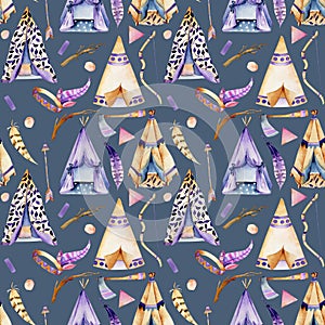 Watercolor wigwams and authentic native american elements seamless pattern