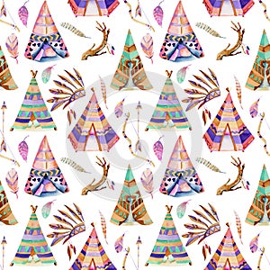 Watercolor wigwams and authentic native american elements seamless pattern