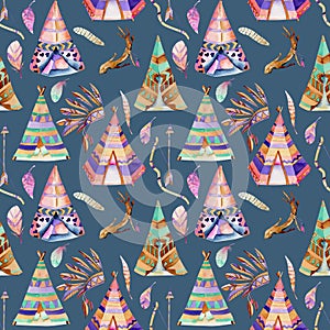 Watercolor wigwams and authentic native american elements seamless pattern