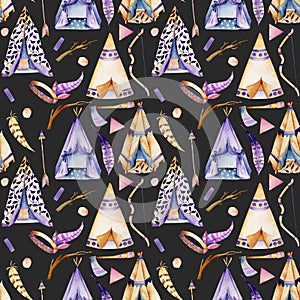 Watercolor wigwams and authentic native american elements seamless pattern