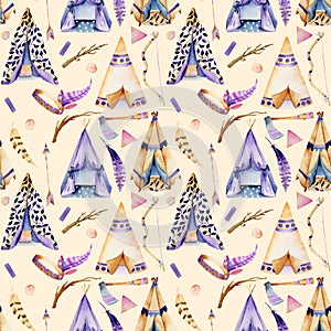 Watercolor wigwams and authentic native american elements seamless pattern