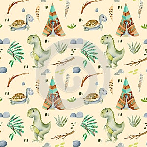 Watercolor wigwams, turtles and dinosaurs seamless pattern