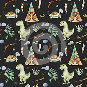 Watercolor wigwams, turtles and dinosaurs seamless pattern