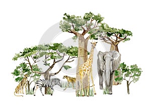 Watercolor wild Africa animal savannah Elephant, Giraffe Cheetah and tree savaanah. Nature Africa, southern trees for greeting car