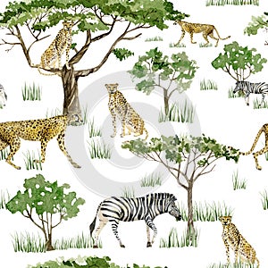 Watercolor wild Africa animal seamless pattern. savannah cat Cheetah, Zebra and tree. Nature Africa for nursery decor, baby shower