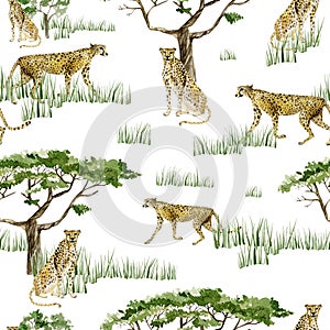 Watercolor wild Africa animal seamless pattern. Savannah Cheetah, tree and graas. Nature Africa for nursery decor, baby shower,
