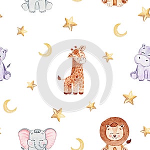 Watercolor wild african animals and stars seamless pattern on white background