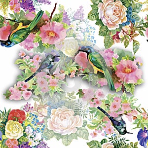 Watercolor Wild exotic birds on flowers seamless pattern on white background