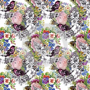 Watercolor Wild exotic birds on flowers seamless pattern on white background