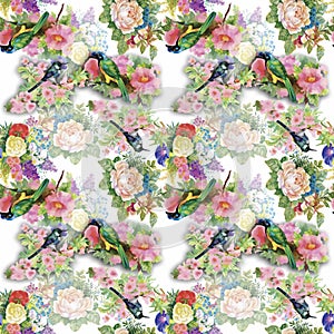 Watercolor Wild exotic birds on flowers seamless pattern on white background