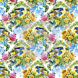 Watercolor Wild exotic birds on flowers seamless pattern on white background