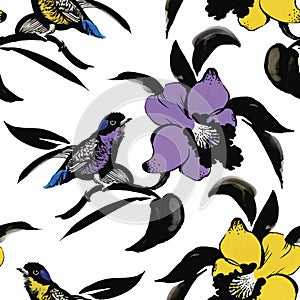 Watercolor Wild exotic birds on flowers seamless pattern on white background