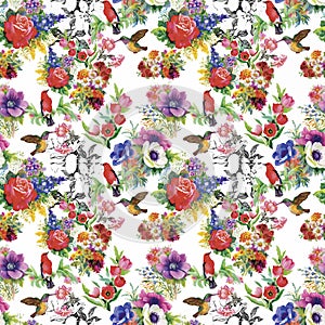 Watercolor Wild exotic birds on flowers seamless pattern on white background