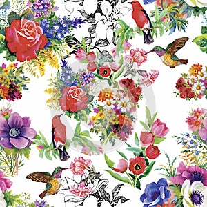 Watercolor Wild exotic birds on flowers seamless pattern on white background