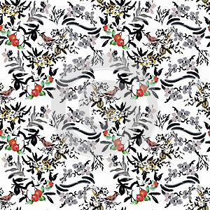 Watercolor Wild exotic birds on flowers seamless pattern on white background