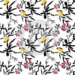 Watercolor Wild exotic birds on flowers seamless pattern on white background