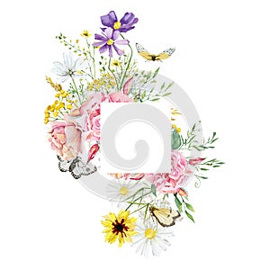 Watercolor wild floral frame. Bohemian wildflowers peony, Ñornflower, tansy, greenery branches, twigs, leaves.