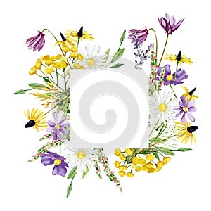 Watercolor wild floral frame. Bohemian yellow and purple wildflowers. Bright wild flowers