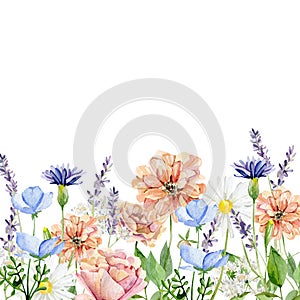 Watercolor wild flower border. Yellow and white botanical bright wildflowers, rose, peony, lavander, herbs, leaves, branches