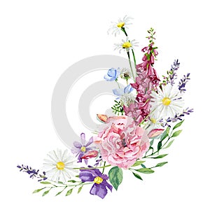 Watercolor wild flower bouquet wreath. Botanical bright wildflowers, peony, herbs, leaves, branches, twigs, foliage, leaves