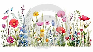 Watercolor wild flowers with butterflies illustration. Wall art wallpaper