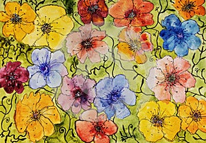 Watercolor wild flowers doodled with decorative elements.