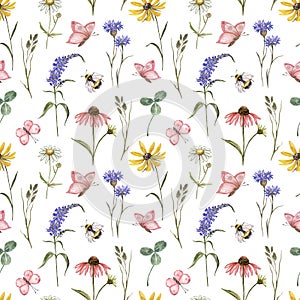 Watercolor wild flowers seamless pattern. Hand painted meadow flowers on white background. Floral wallpapers with butterflies