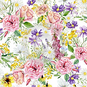 Watercolor wild flowers seamless pattern. Meadow flowers peonies and floral, bright bloom for textile fabric