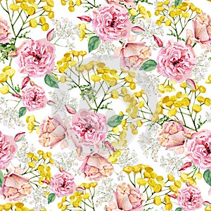 Watercolor wild flowers seamless pattern. Meadow pink peonies flowers peonies and floral, bright bloom for textile fabric