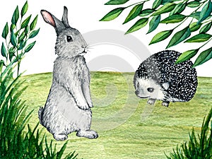 Watercolor wild forest animals: hare, rabbit, hedgehog on forest lawn scene. Woodland hand-painted nature illustration