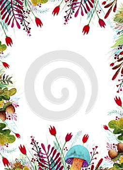 Watercolor wild forest frame background isolated.