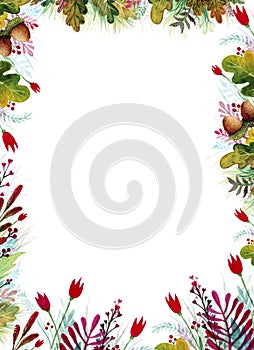 Watercolor wild forest frame background isolated.