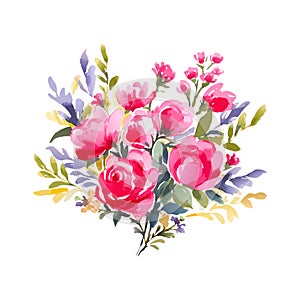 Watercolor wild pink flowers bouquet, isolated. Abstract spring wild flowers, grass, leaf branch, floral leaves in