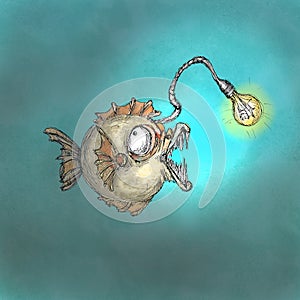 Watercolor wild predator Angler fish illustration