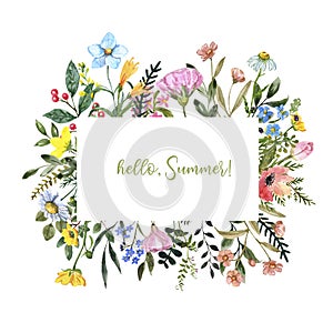 Watercolor wildflower frame on white background. Beautiful summer meadow flowers border, botanical backdrop for cards, invitations