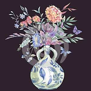 Watercolor wildflowers bouquet, Chinese blue vase floral illustration isolated on black