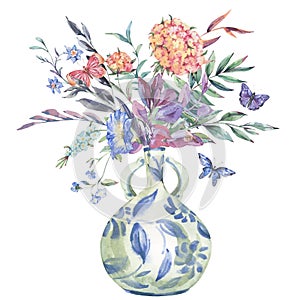 Watercolor wildflowers bouquet, Chinese blue vase floral illustration isolated on white
