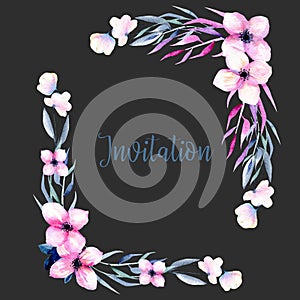 Watercolor wildflowers and branches corner borders in pink and blue shades, hand drawn isolated on a dark background