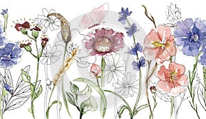 Watercolor wildflowers and grass repeat border illustration, meadow flowers frame clipart, florals seamless border