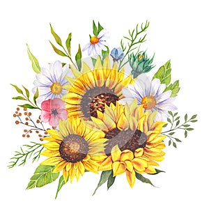 Watercolor wildlowers bouquet, hand painted sunflower bouquets, sunfower flower arrangement. Wedding invitation clipart elements.