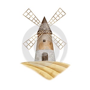 Watercolor windmill tower on wheat field. Hand drawn Netherlands landscape. Vintage Illustration on isolated background
