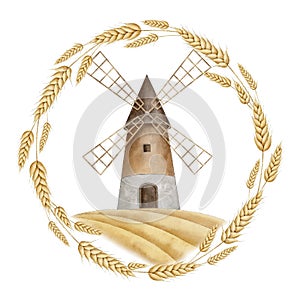 Watercolor windmill tower on wheat field in wheat wreath. Netherlands landscape. Hand drawn watercolor illustration for